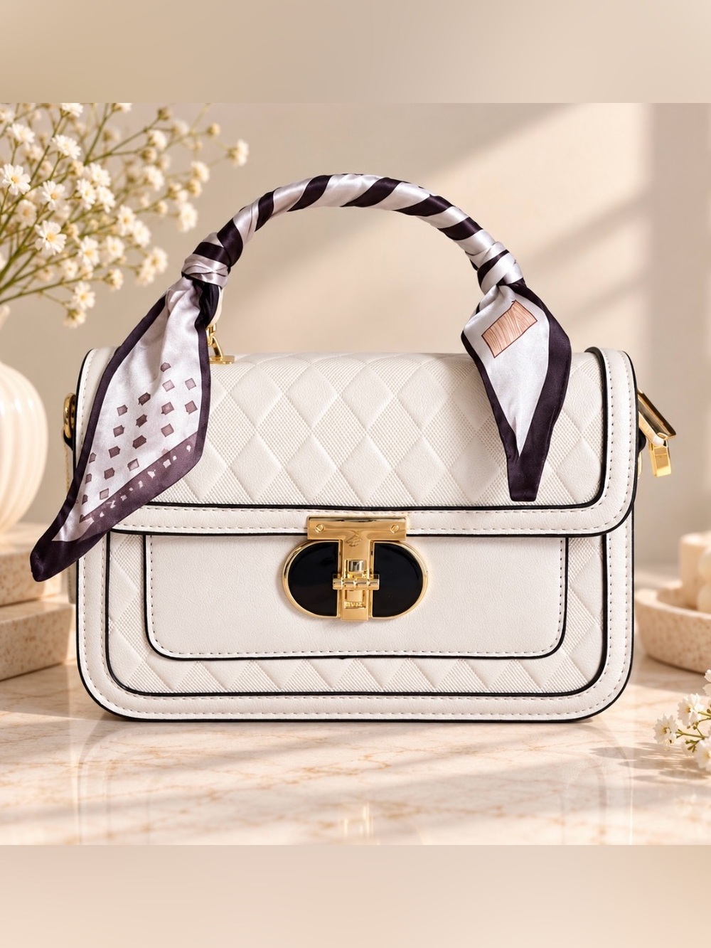 White Quilted Satchel Crossbody Handbag with Scarf Accent Handle